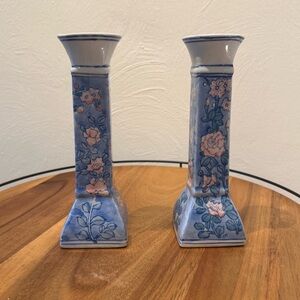 Vintage Floral Blue and White Ceramic Candle Holders | Chinoiserie Candlesticks
